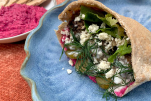 Pita Sandwiches with Beet and Walnut Spread & Spiced Beef Meatballs