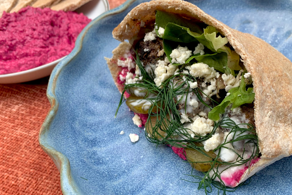 Pita Sandwiches with Beet and Walnut Spread & Spiced Beef Meatballs