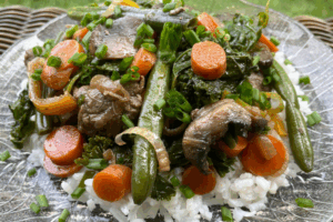 Stir Fry on glass plate featuring carrots, onion, green beans, green onion, mushrooms, and stew meat on a bed of rice
