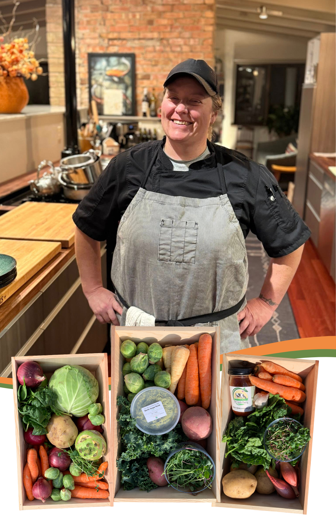 Chef Vanessa of Sabee Culinary Services standing in kitchen and boxes of root crops and vegetables