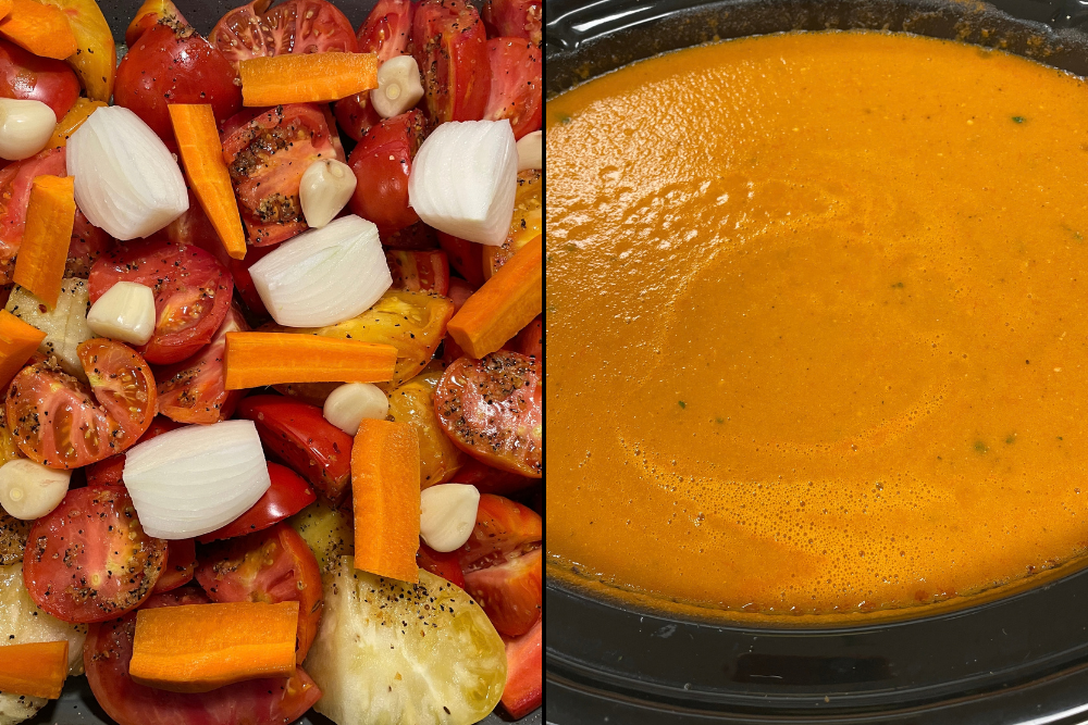 Left picture is a baking sheet of tomatoes, onions, and carrots. Right picture is a slow cooker filled with tomato basic soup.