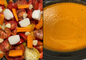 Left picture is a baking sheet of tomatoes, onions, and carrots. Right picture is a slow cooker filled with tomato basic soup.